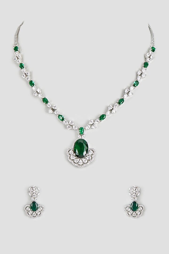 White Finish Zircon & Green Stone Necklace Set by Aster at Pernia's Pop Up Shop