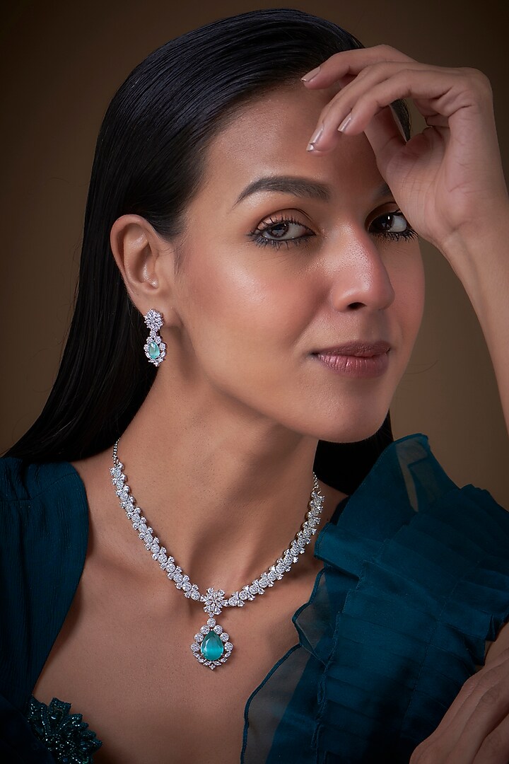 White Finish Zircon & Aqua Stone Necklace Set by Aster at Pernia's Pop Up Shop