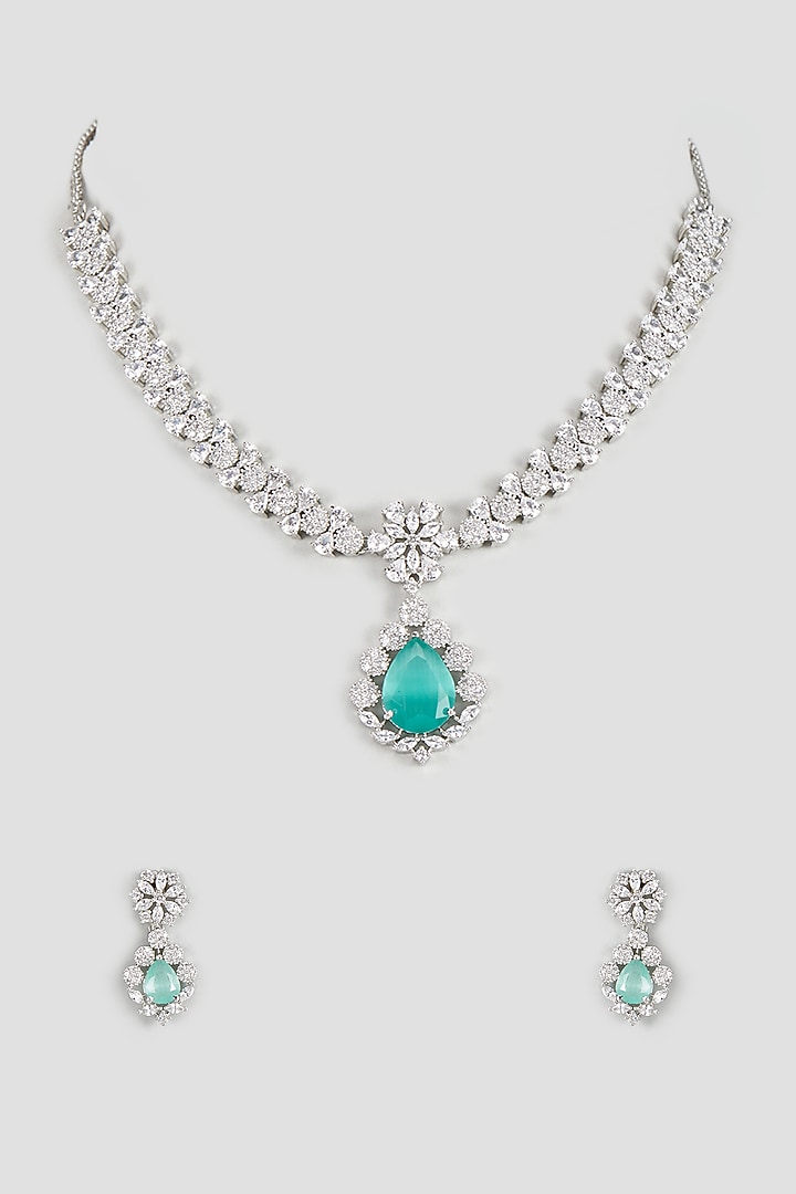 White Finish Zircon & Aqua Stone Necklace Set by Aster at Pernia's Pop Up Shop
