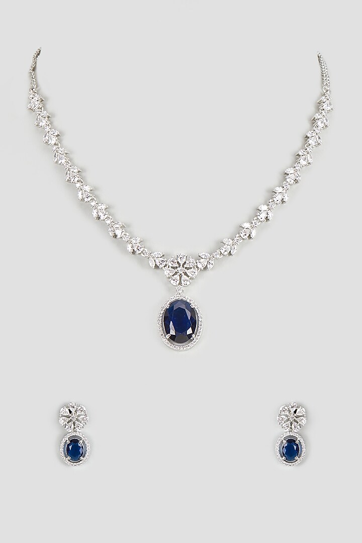 White Finish Zircon & Blue Stone Necklace Set by Aster at Pernia's Pop Up Shop