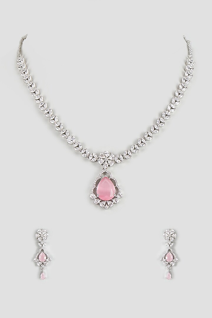 White Finish Zircon & Pink Stone Necklace Set by Aster at Pernia's Pop Up Shop