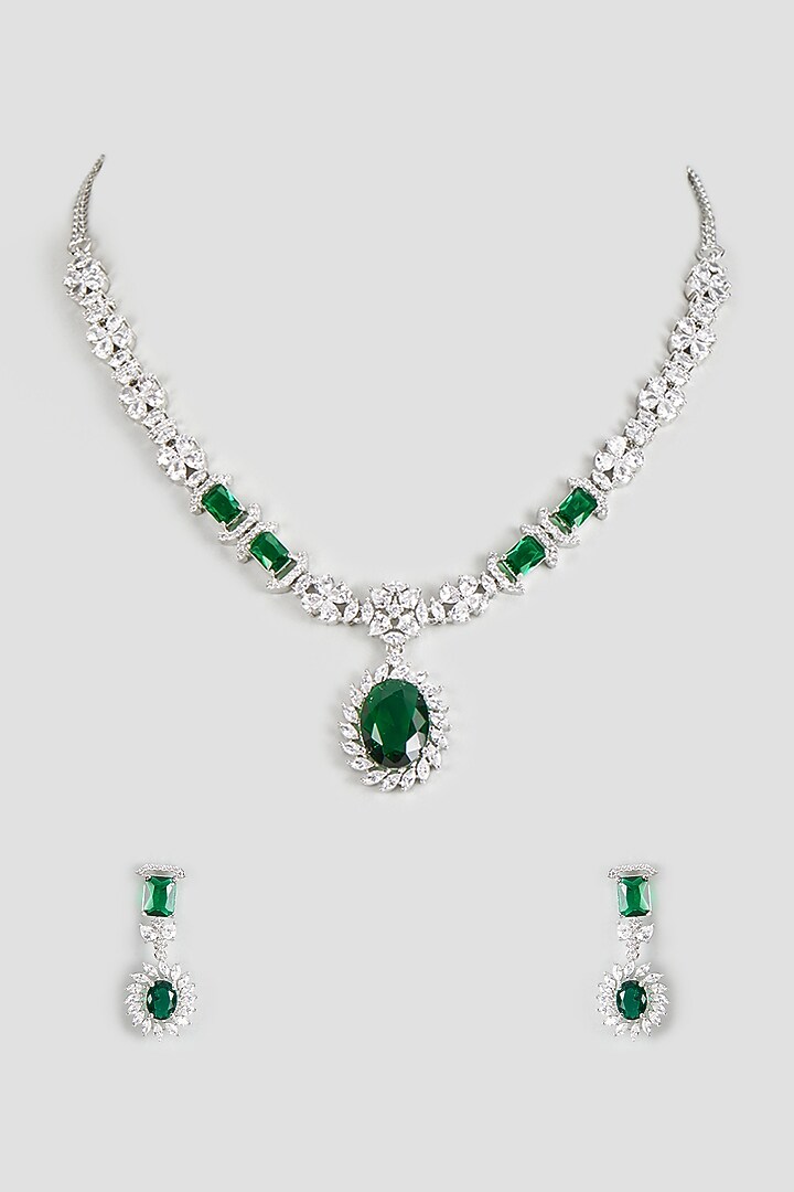 White Finish Zircon & Green Stone Necklace Set by Aster at Pernia's Pop Up Shop