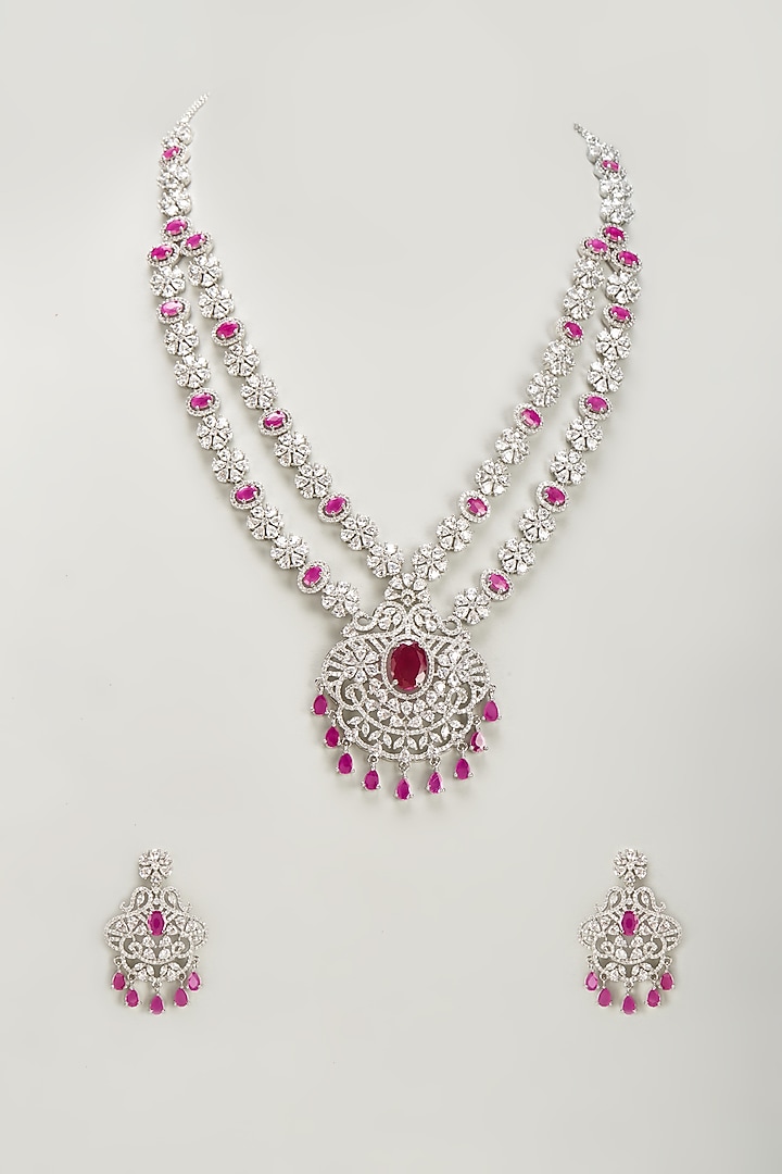 White Finish Zircon & Red Stone Long Necklace Set by Aster at Pernia's Pop Up Shop