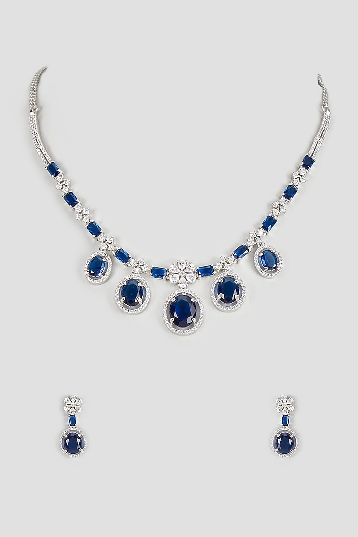 White Finish Zircon & Blue Stone Necklace Set by Aster at Pernia's Pop Up Shop