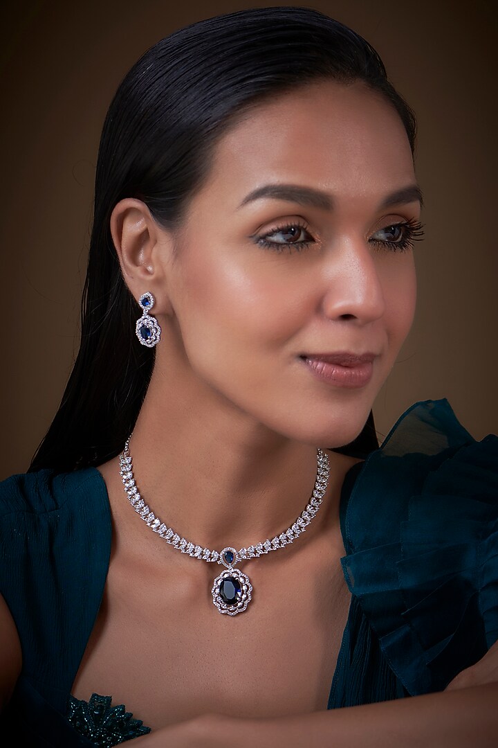 White Finish Zircon & Blue Stone Necklace Set by Aster at Pernia's Pop Up Shop