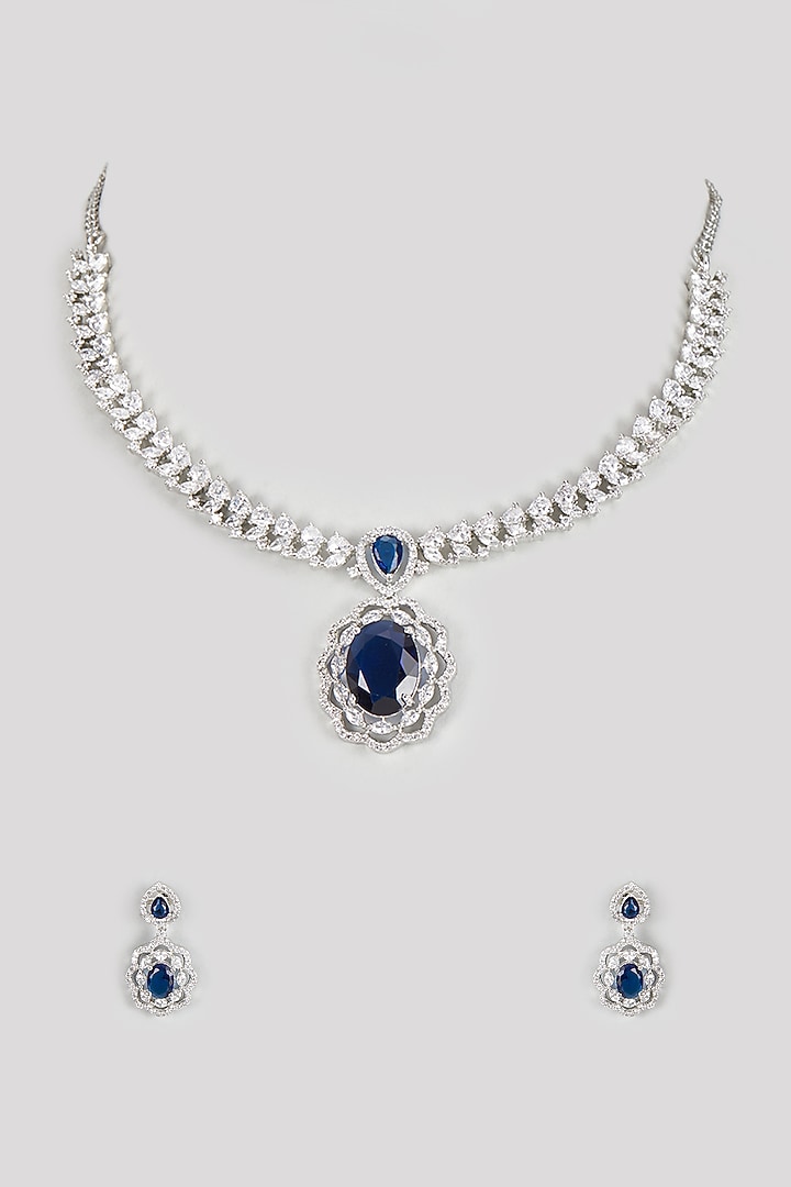 White Finish Zircon & Blue Stone Necklace Set by Aster at Pernia's Pop Up Shop