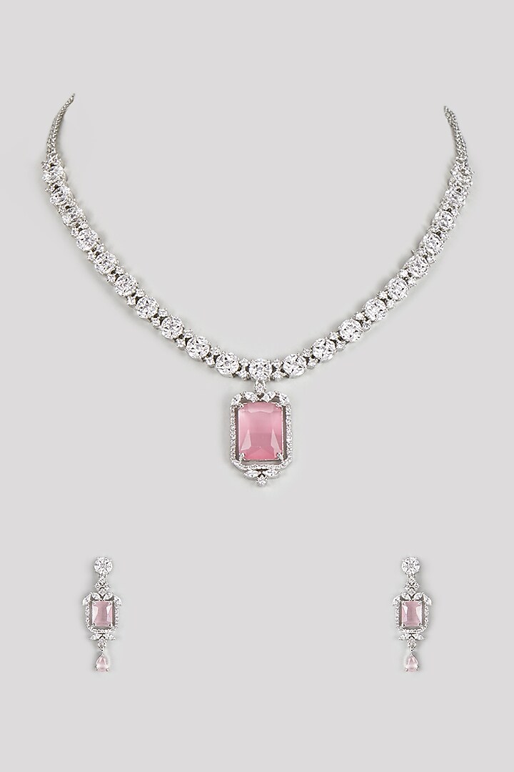 White Finish Zircon & Pink Stone Necklace Set by Aster at Pernia's Pop Up Shop