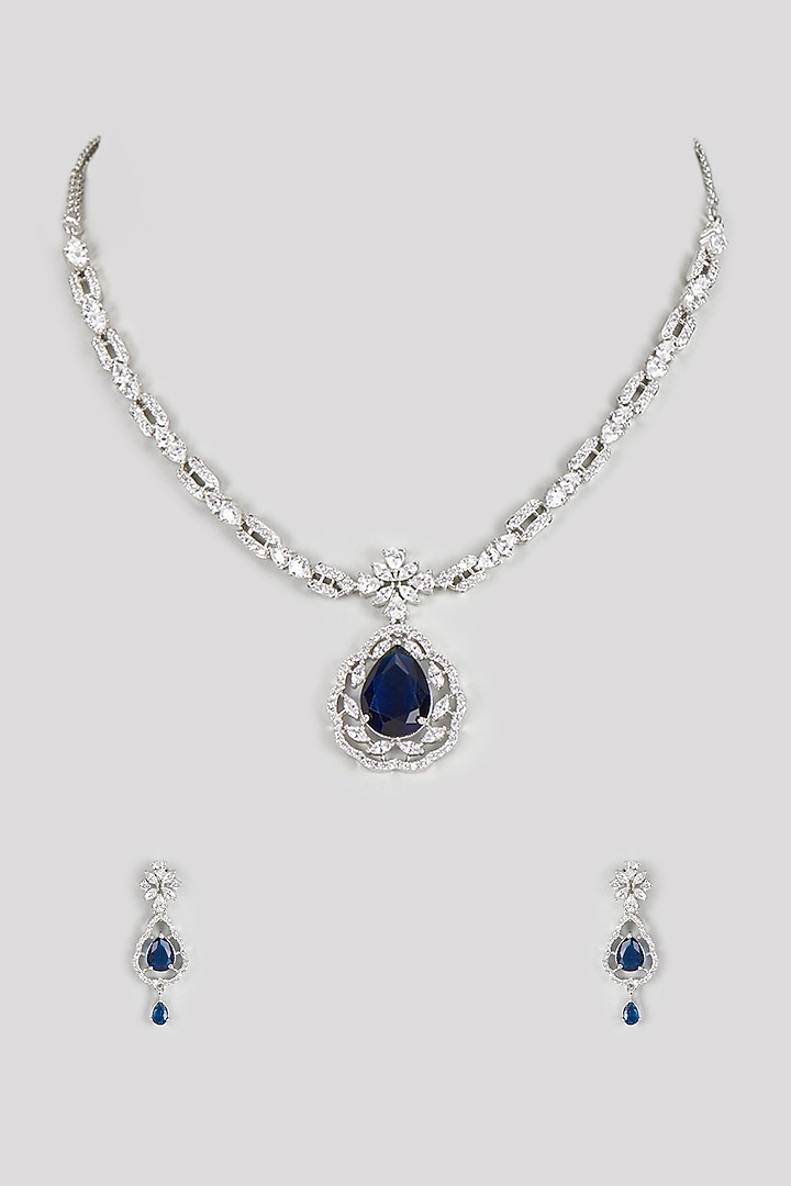 White Finish Zircon & Blue Stone Necklace Set by Aster at Pernia's Pop Up Shop
