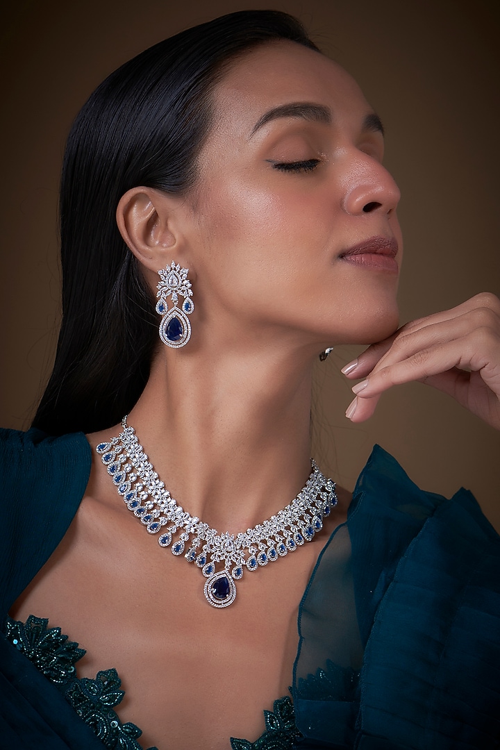 White Finish Zircon & Blue Stone Necklace Set by Aster at Pernia's Pop Up Shop