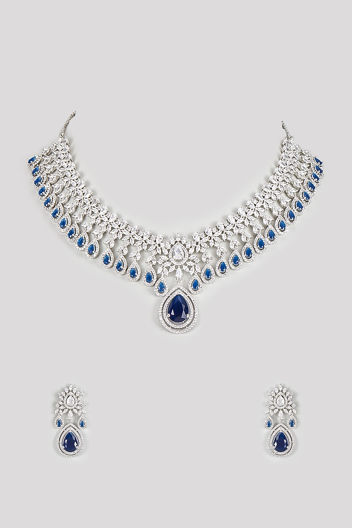 White Finish Zircon & Blue Stone Necklace Set by Aster at Pernia's Pop Up Shop