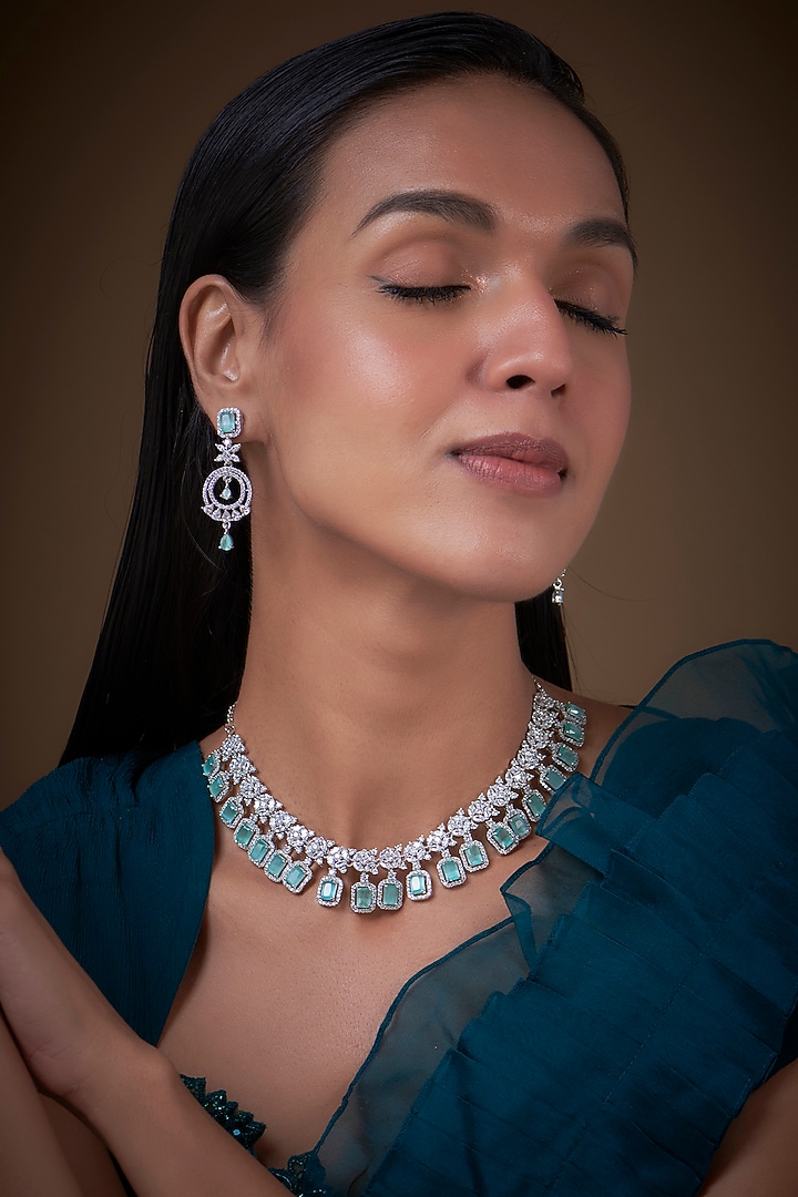 White Finish Zircon & Aqua Stone Necklace Set by Aster at Pernia's Pop Up Shop