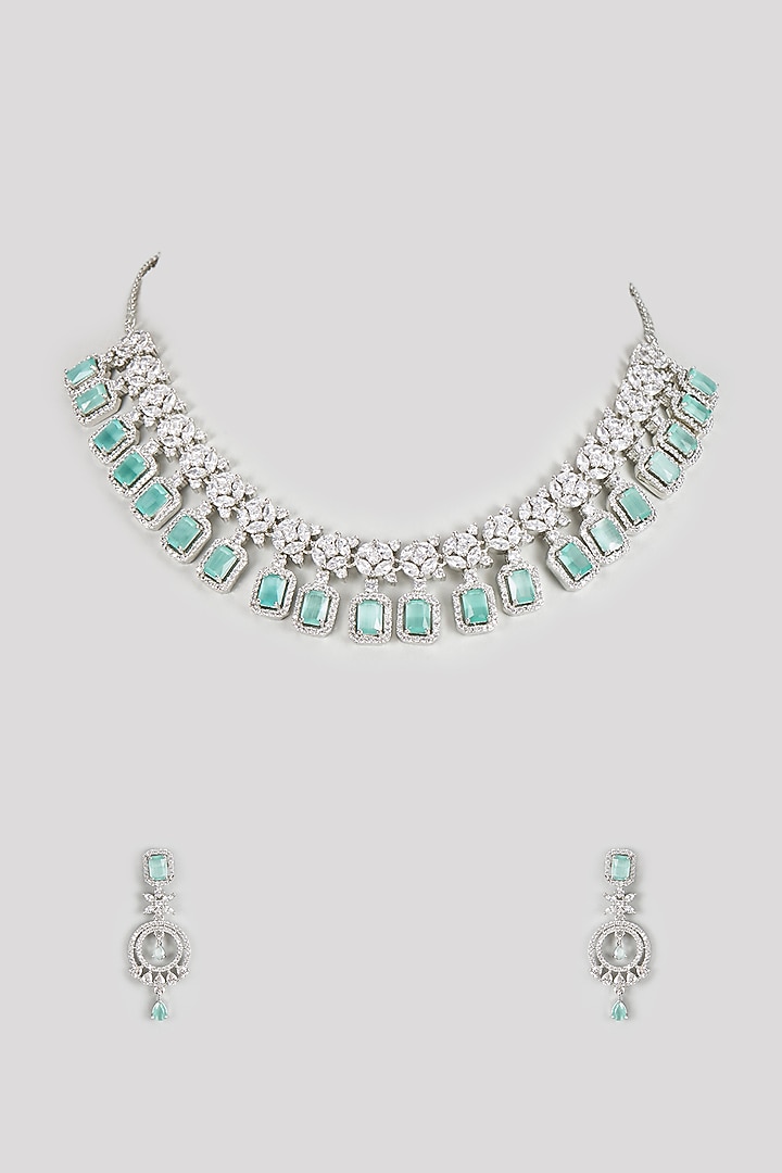 White Finish Zircon & Aqua Stone Necklace Set by Aster at Pernia's Pop Up Shop