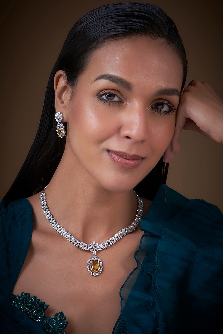 White Finish Zircon & Yellow Stone Necklace Set by Aster at Pernia's Pop Up Shop