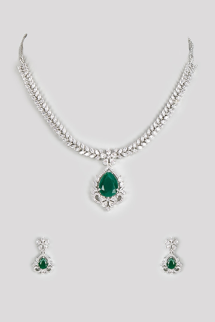 White Finish Zircon & Green Stone Necklace Set by Aster at Pernia's Pop Up Shop