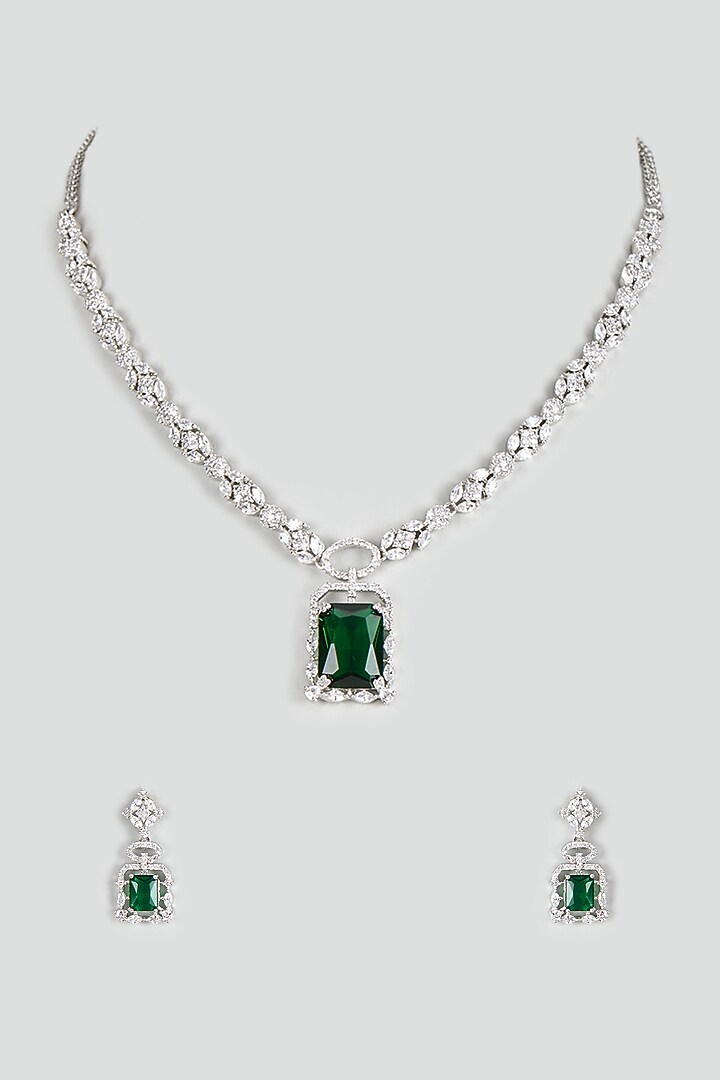 White Finish Zircon & Green Stone Necklace Set by Aster at Pernia's Pop Up Shop