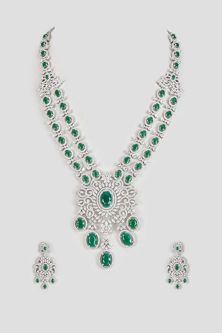 White Finish Zircon & Green Stone Necklace Set by Aster at Pernia's Pop Up Shop