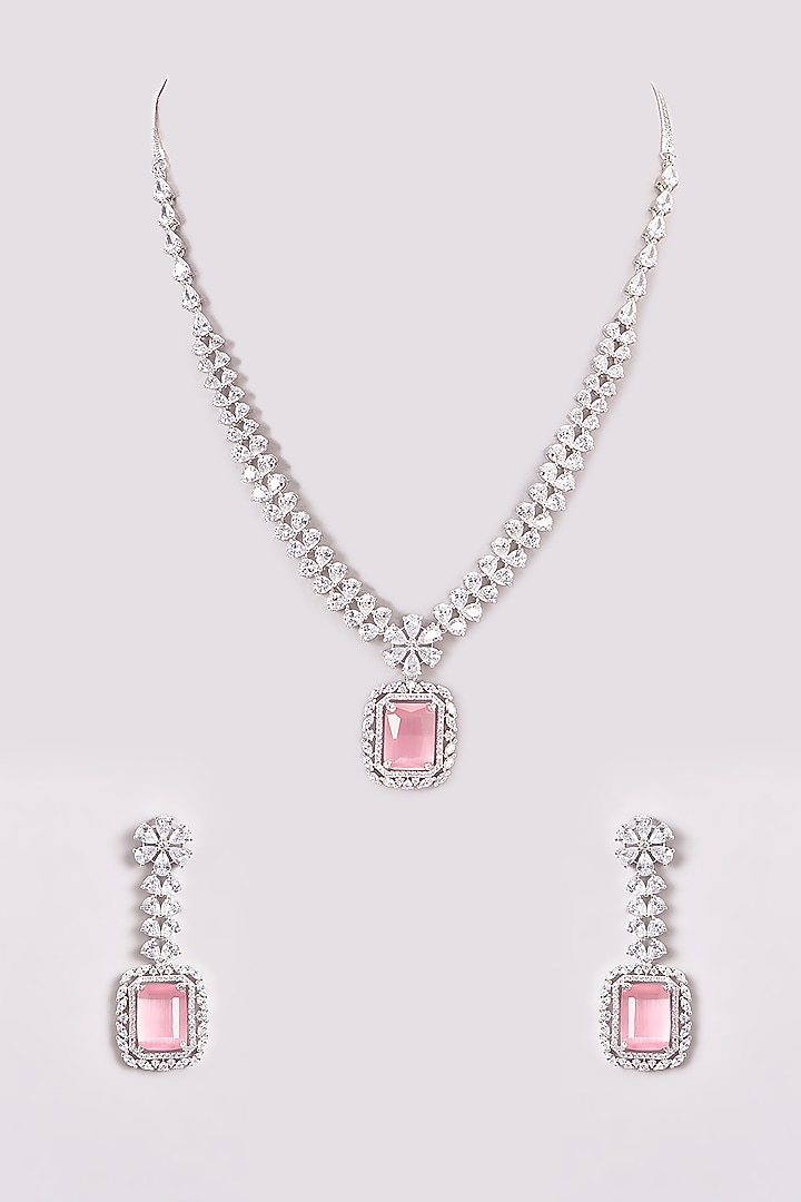 White Finish Zircon & Pink Stones Necklace Set by Aster at Pernia's Pop Up Shop