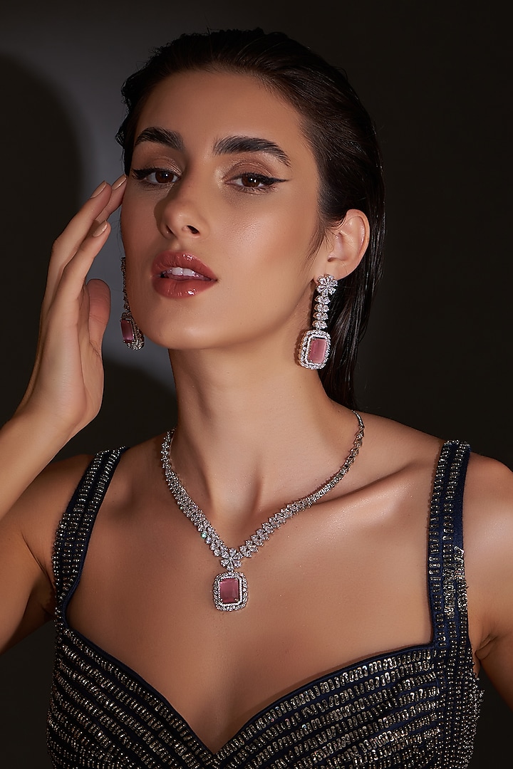 White Finish Zircon & Pink Stones Necklace Set by Aster at Pernia's Pop Up Shop