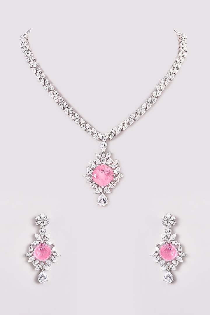 White Finish Zircon & Pink Stones Necklace Set by Aster at Pernia's Pop Up Shop