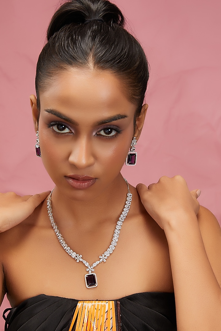 White Finish Zircon & Blue Stones Long Necklace Set Design by Aster at