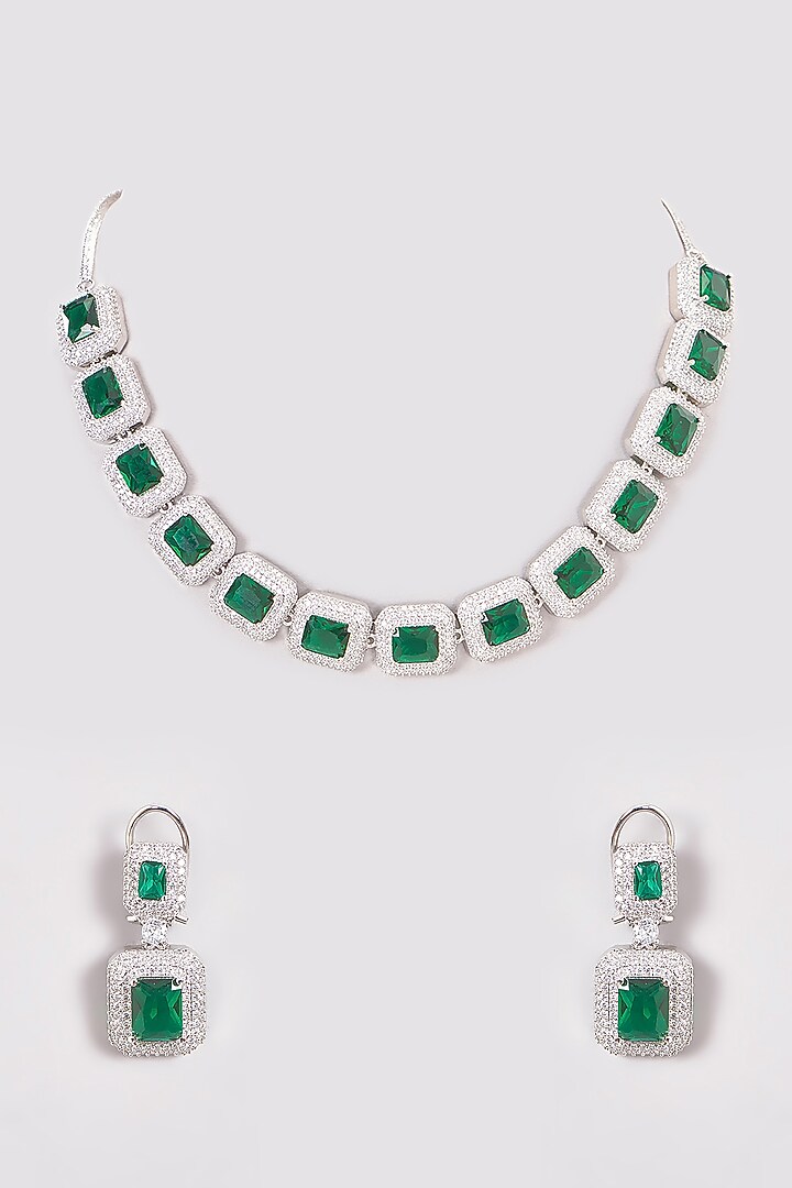 White Finish Zircon & Green Stones Necklace Set by Aster at Pernia's Pop Up Shop