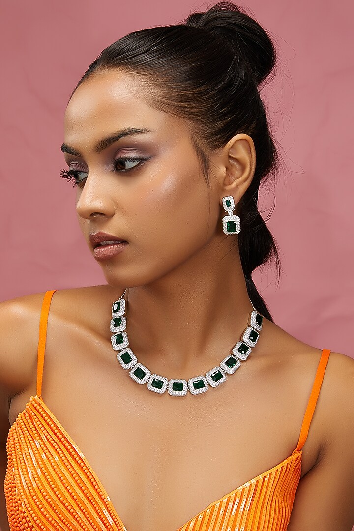 White Finish Zircon & Green Stones Necklace Set by Aster at Pernia's Pop Up Shop