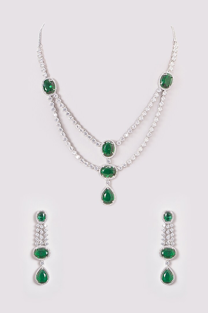 White Finish Zircon & Green Stones Layered Necklace Set by Aster at Pernia's Pop Up Shop