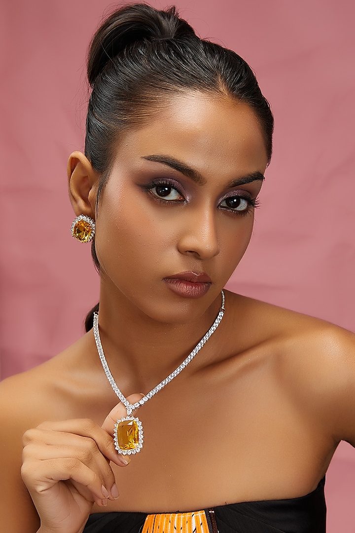 White Finish Zircon & Yellow Stone Necklace Set by Aster