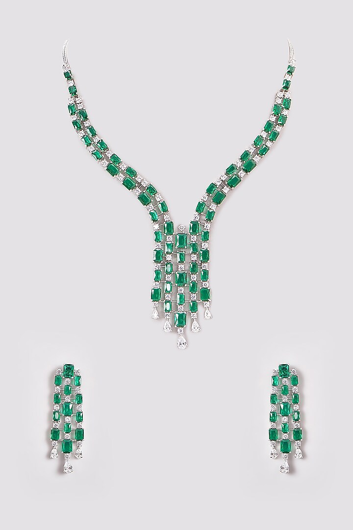 White Finish Zircon & Emerald Green Stones Necklace Set by Aster at Pernia's Pop Up Shop