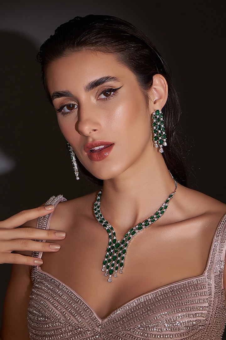White Finish Zircon & Emerald Green Stones Necklace Set by Aster at Pernia's Pop Up Shop