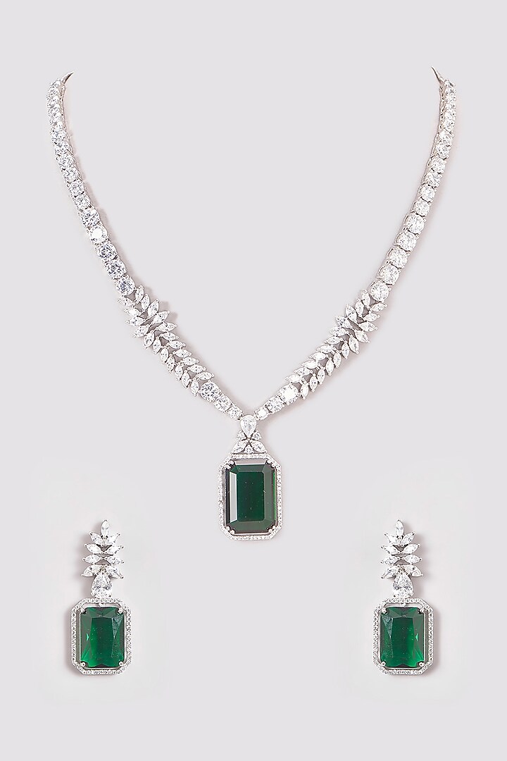 White Finish Zircon & Emerald Green Stones Long Necklace Set by Aster at Pernia's Pop Up Shop