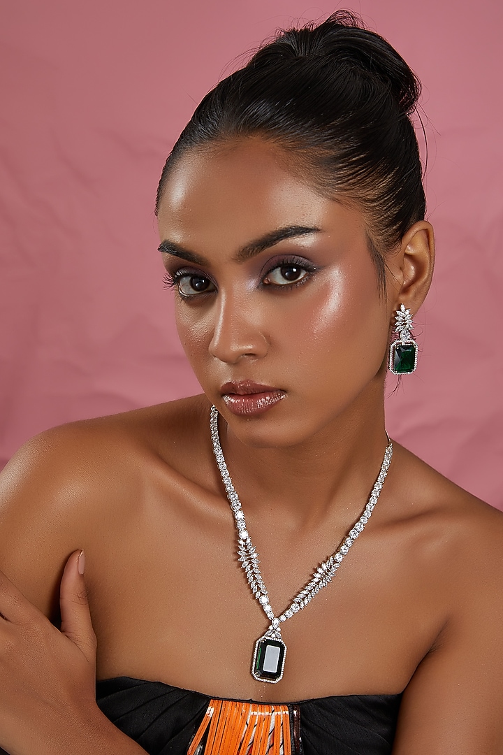 White Finish Zircon & Emerald Green Stones Long Necklace Set by Aster at Pernia's Pop Up Shop