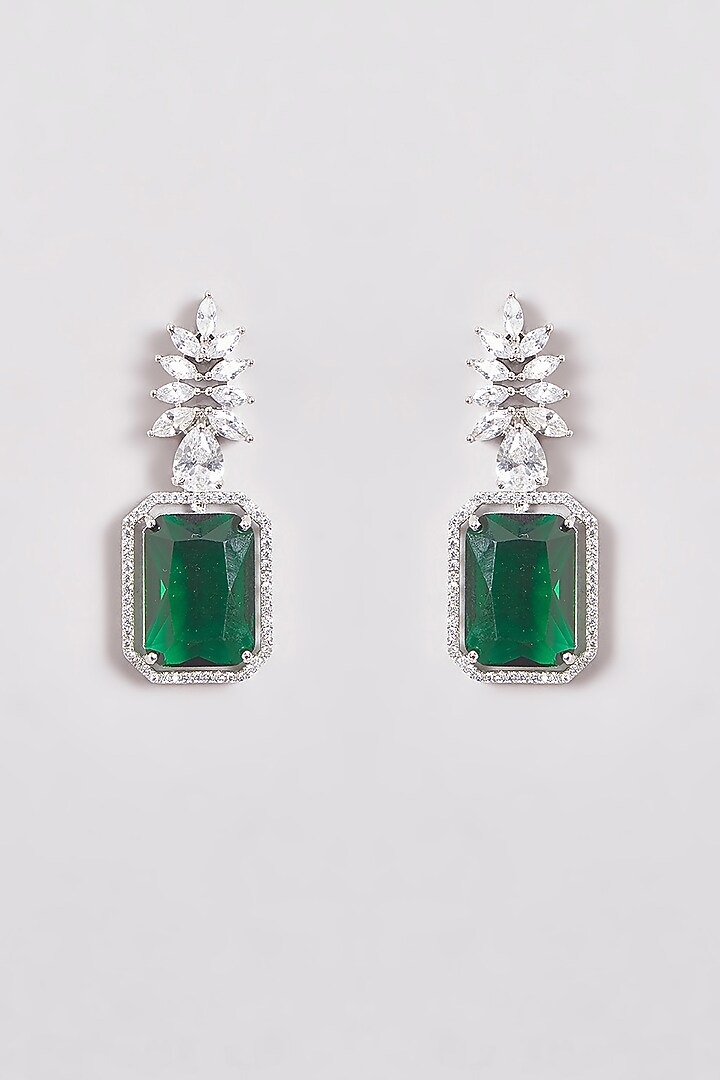 White Finish Zircon & Emerald Green Stones Long Necklace Set by Aster at Pernia's Pop Up Shop
