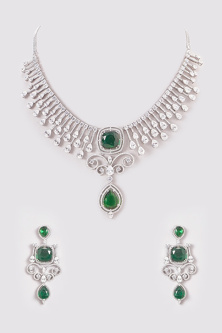 White Finish Zircon & Emerald Green Stones Necklace Set by Aster at Pernia's Pop Up Shop