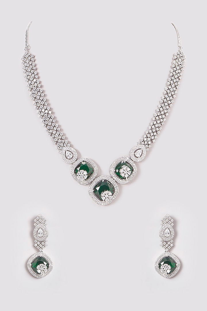 White Finish Zircon & Emerald Green Stones Necklace Set by Aster at Pernia's Pop Up Shop