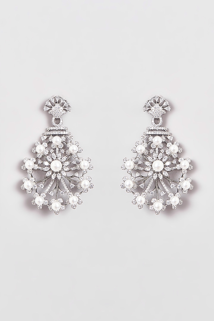 White Finish Zircon & Pearl Dangler Earrings by Aster at Pernia's Pop Up Shop