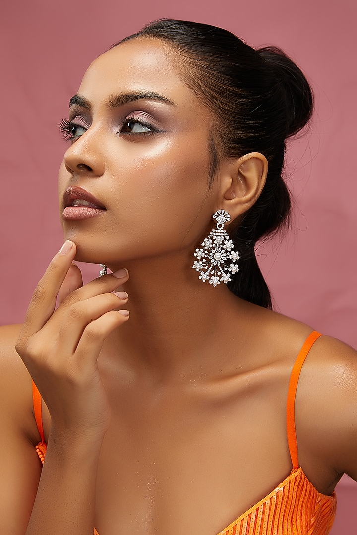 White Finish Zircon & Pearl Dangler Earrings by Aster at Pernia's Pop Up Shop