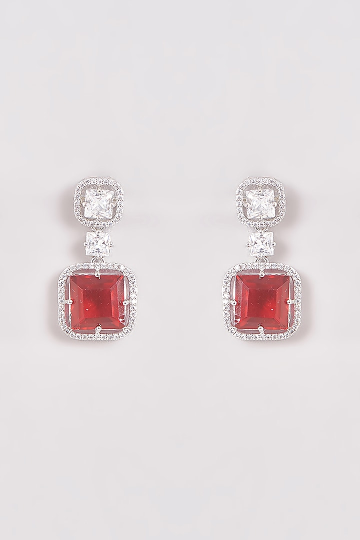 White Finish Zircon & Red Stone Dangler Earrings by Aster at Pernia's Pop Up Shop