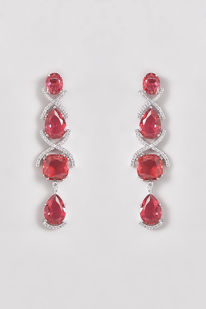 White Finish Zircon & Red Stone Dangler Earrings by Aster at Pernia's Pop Up Shop