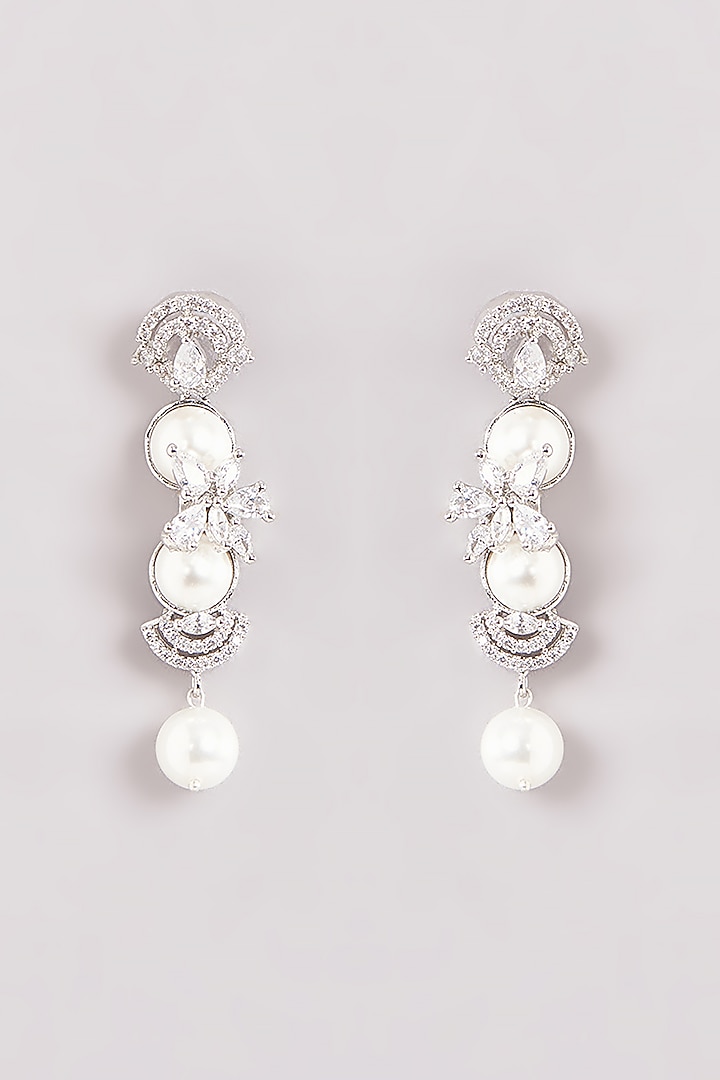 White Finish Zircon & Pearl Dangler Earrings by Aster at Pernia's Pop Up Shop