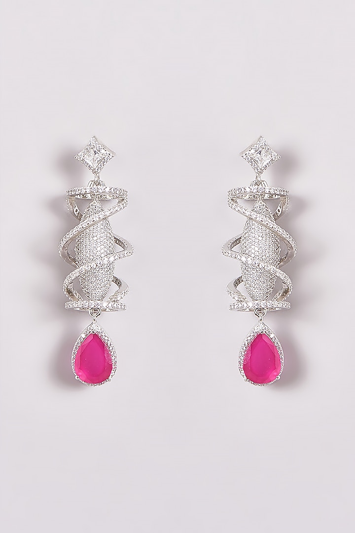White Finish Zircon & Red Stone Dangler Earrings by Aster at Pernia's Pop Up Shop