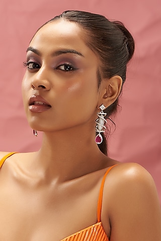 White Finish Zircon & Red Stone Dangler Earrings by Aster