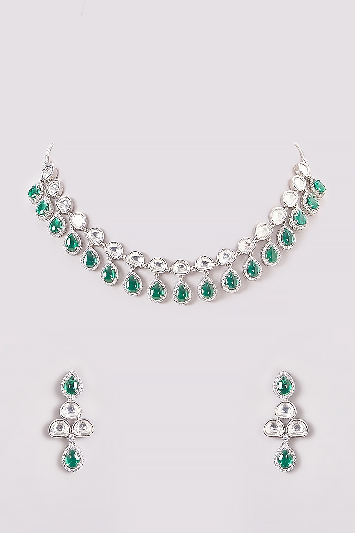 White Finish Zircon & Green Stone Necklace Set by Aster at Pernia's Pop Up Shop
