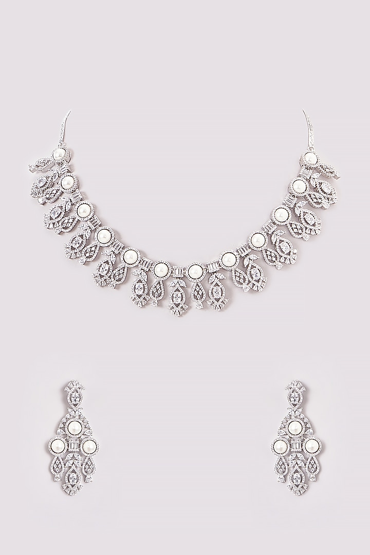 White Finish Zircon & Pearl Necklace Set by Aster at Pernia's Pop Up Shop
