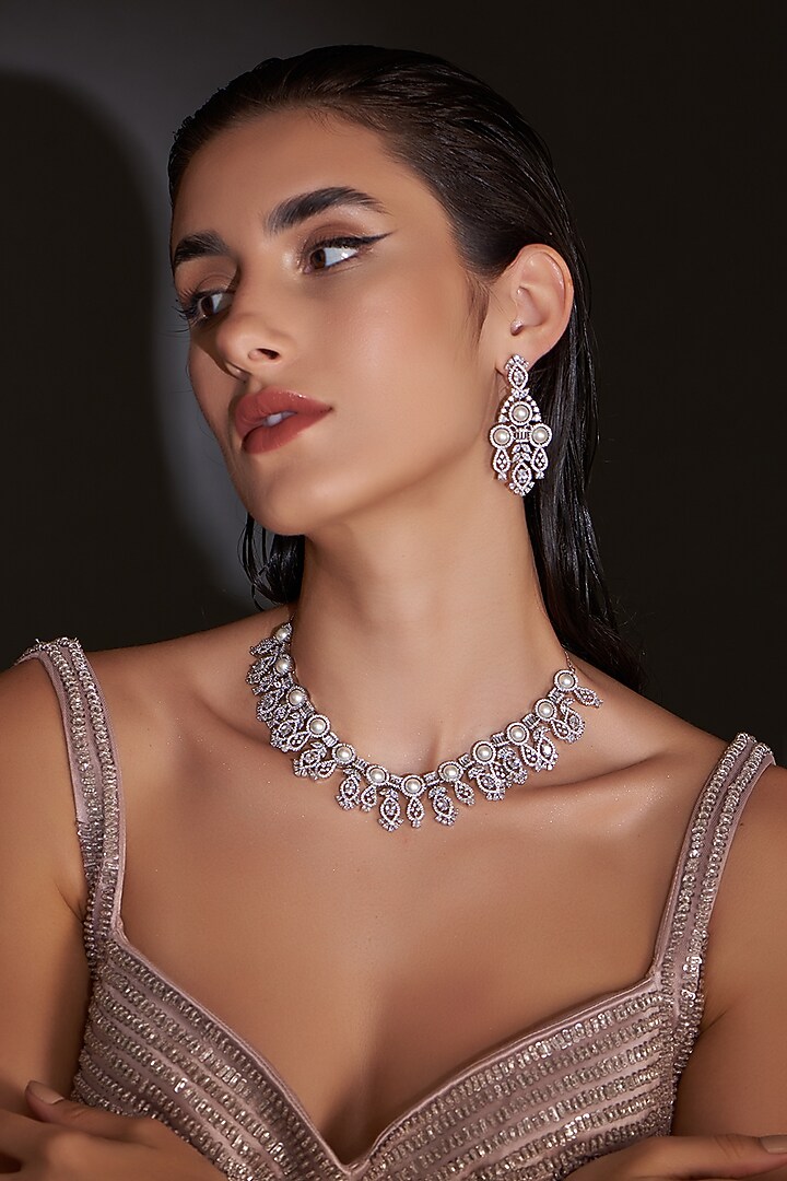 White Finish Zircon & Pearl Necklace Set by Aster at Pernia's Pop Up Shop