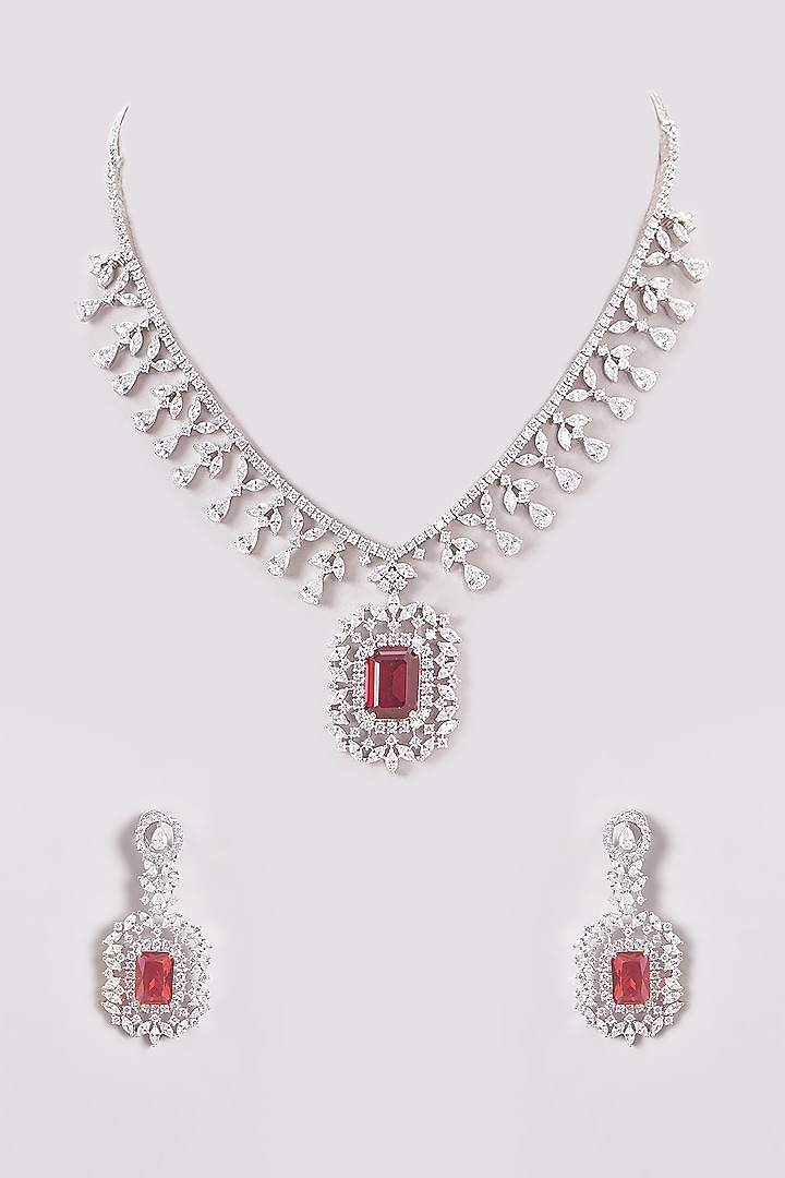 White Finish Zircon & Red Stone Necklace Set by Aster at Pernia's Pop Up Shop