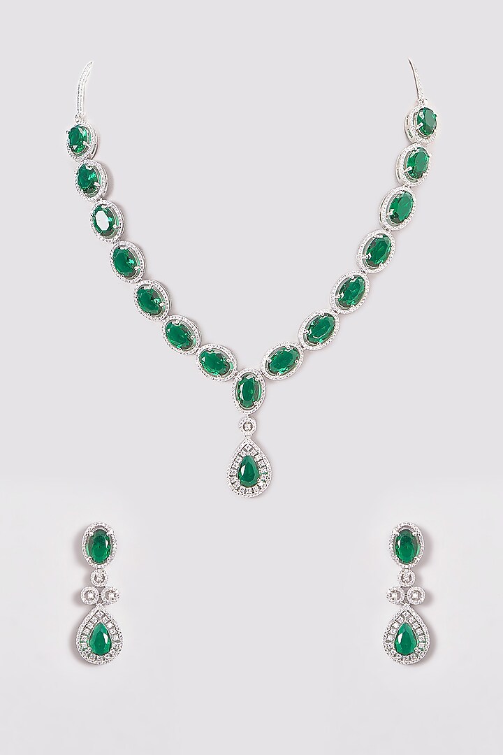 White Finish Zircon & Green Stone Necklace Set by Aster at Pernia's Pop Up Shop
