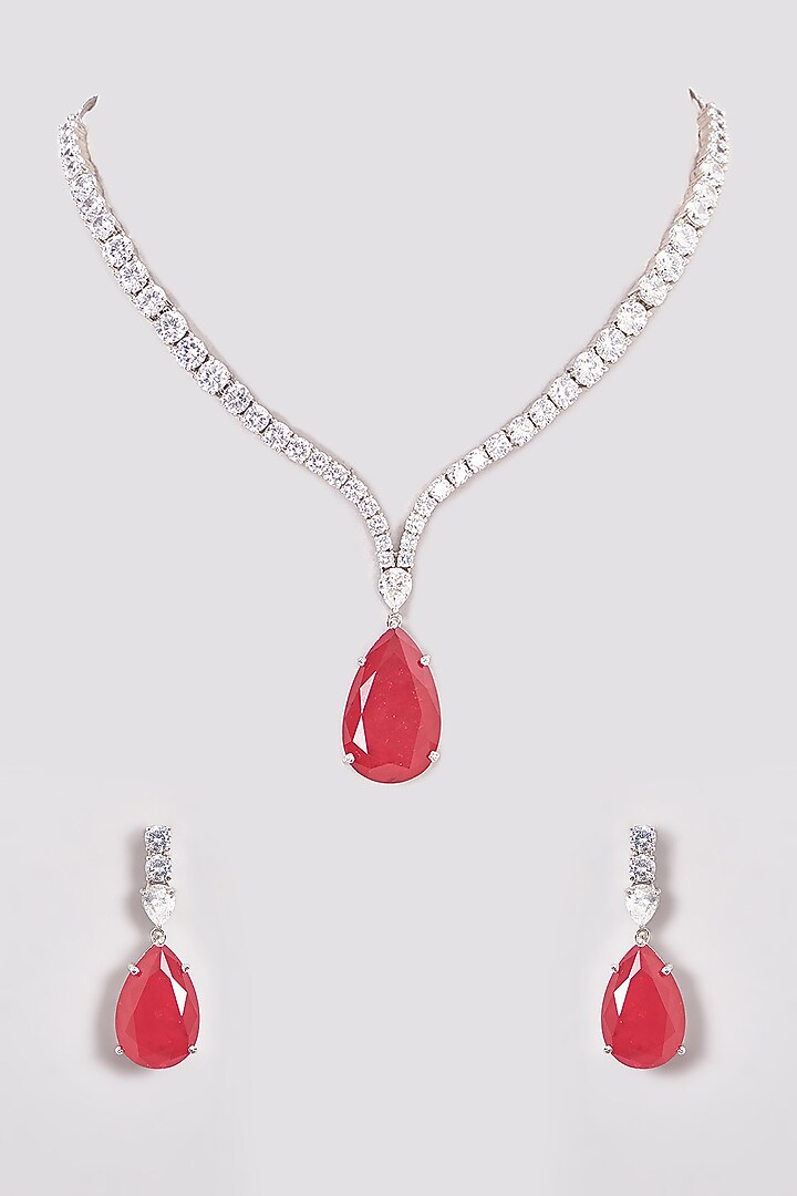 White Finish Zircon & Red Stone Necklace Set by Aster at Pernia's Pop Up Shop