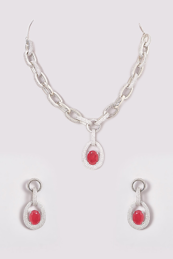 White Finish Zircon & Red Stone Necklace Set by Aster at Pernia's Pop Up Shop