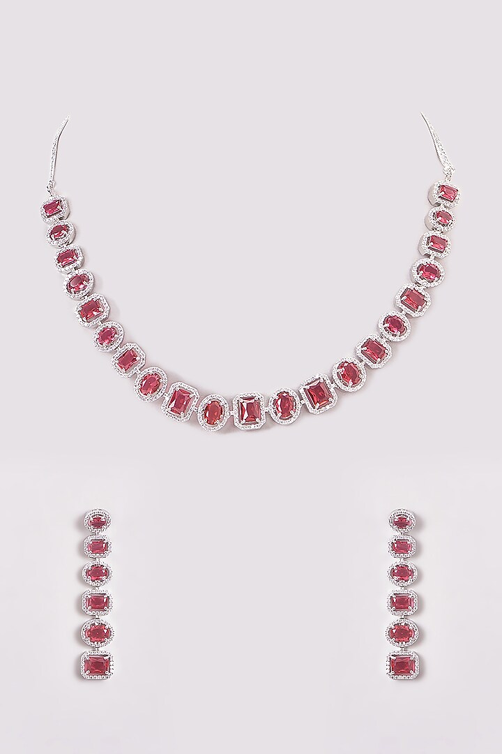 White Finish Zircon & Red Stone Necklace Set by Aster at Pernia's Pop Up Shop